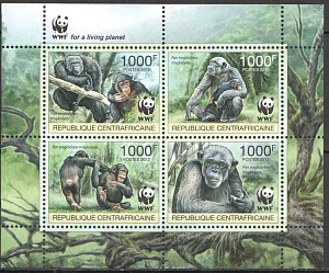 ЦАР, 2012, WWF, Шимпанзе, малый лист 4 марки